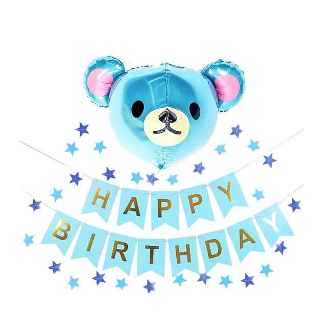 【戀戀家居】立體藍熊熊氣球 燕尾生日掛旗3件組(慶生 生日禮物)