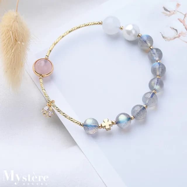 【my stere 我的時尚秘境】情人節禮物 現貨-天然灰月光石粉晶幸運草珠鑽手環(月光石 粉晶 旺人緣 招財氣)