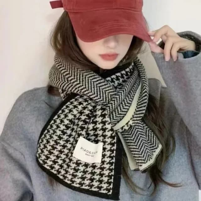 【TWBUY 台灣好購】千鳥格針織保暖圍巾(高級感韓系百搭圍脖 情侶針織圍巾 雙面圍巾)