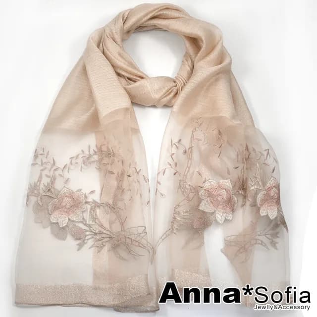 【AnnaSofia】真絲羊毛混紡大尺寸披肩絲巾圍巾-富貴繡花 現貨(杏駝系)