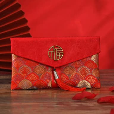 【六分埔禮品】大吉大利緞布橫式紅包-紅葉/祥雲藍兩款可選-單入組(過年新年龍年春節小物婚慶春酒造型尾牙)