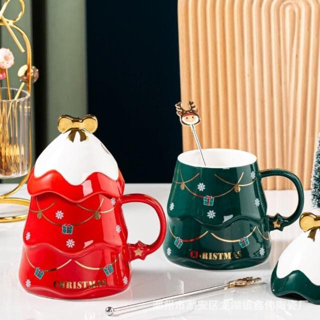 【TWBUY 台灣好購】聖誕樹陶瓷杯(交換禮物 聖誕樹馬克杯 附蓋子攪拌棒 聖誕咖啡杯 彩盒包裝)