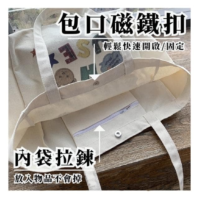 【外出攜帶】母親節禮物 ins可愛字母小熊大容量帆布托特包(單肩包 購物袋 環保袋 手提袋 收納袋