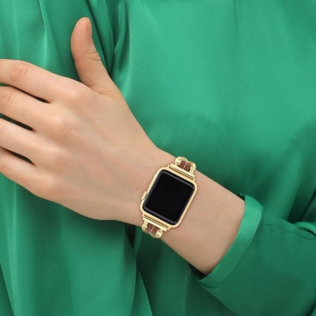 【COACH】Apple Watch 錶帶 38/41mm 適用 鍊帶結合皮錶帶 - 金x咖 母親節 送禮 禮物(不含手錶)