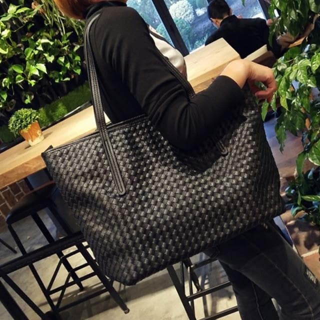 【LEESA】母親節禮物 編織包\大容量托特包\韓國包包\手工包包\編織托特包\購物包\黑色包包\通勤包\生日禮物