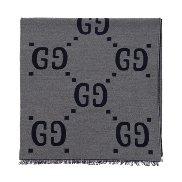 【GUCCI 古馳】495592 經典GG大LOGO雙色羊毛圍巾/披巾(灰色)