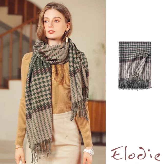 【Elodie】千鳥格圍巾 保暖圍巾/歐美時尚撞色千鳥格紋保暖流蘇圍巾 披肩(5色任選)