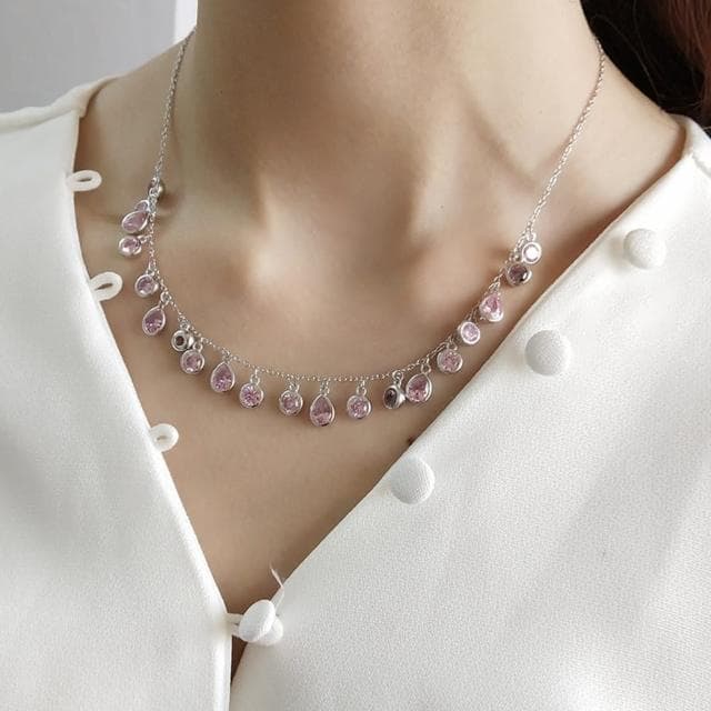 【MoonDy】母親節禮物 歐美飾品 純銀項鍊 水滴項鍊 鋯石項鍊 女生項鍊 長項鍊 粉色鋯石項鍊 鑽石項鍊 晚宴