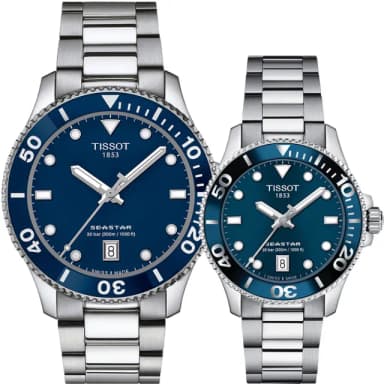 【TISSOT 天梭 官方授權】海洋之星300米潛水對錶 情侶手錶 禮物(T1204101104100+T1202101104100)