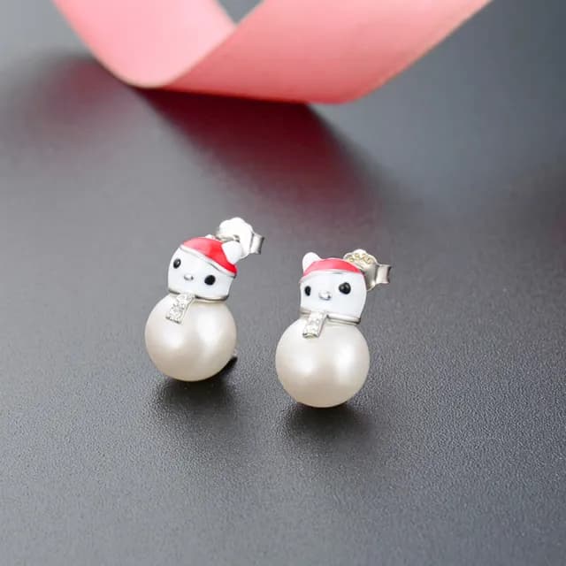 【925 STARS】純銀925可愛聖誕小雪人造型珍珠耳環(純銀925耳環 聖誕耳環 雪人耳環)