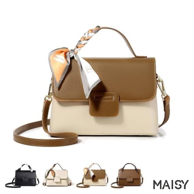 【MAISY】母親節禮物 質感精美撞色絲巾百搭單肩手提包(棕色／卡其色／米色／黑色)