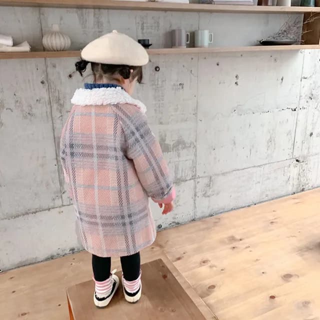 【橘魔法】繽紛獨特格子交叉線條長袖大衣外套(女童 厚外套 大衣 中童 外套 童裝 兒童 保暖)