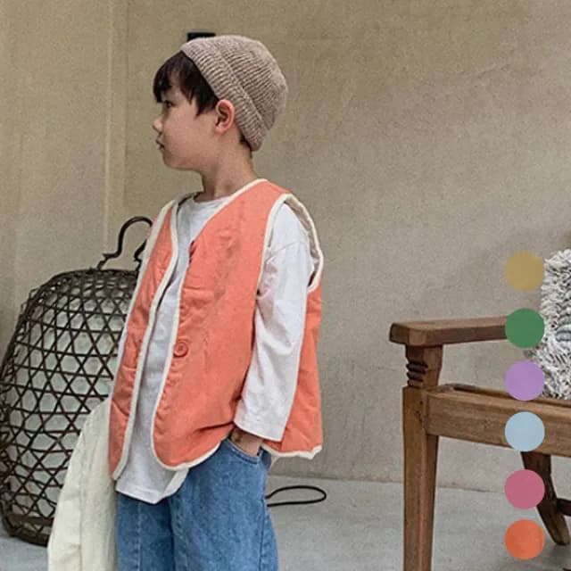 【橘魔法】繽紛多彩滾邊鋪棉背心(夾克 背心 外套 兒童 童裝 中童 中性款 外搭 男童 女童)