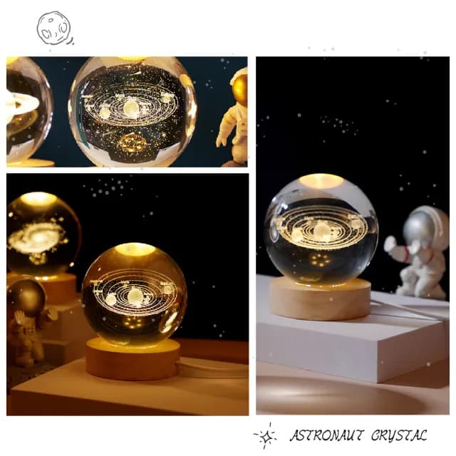 【送禮首選】3D木質發光底座太陽系水晶球(USB氣氛燈 星空燈 電競氣氛燈 led小夜燈 紀念 居家擺飾 生日禮物)