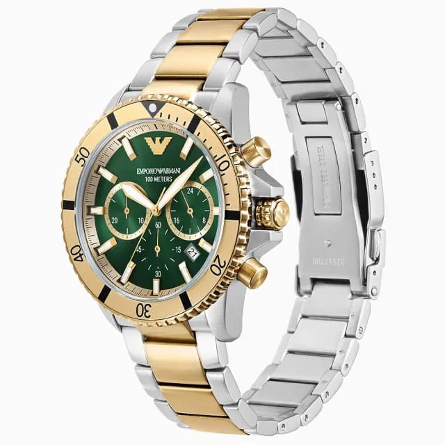 【EMPORIO ARMANI】亞曼尼 Diver 金綠潛水手錶-43.5mm 禮物 送禮 推薦(AR11586)