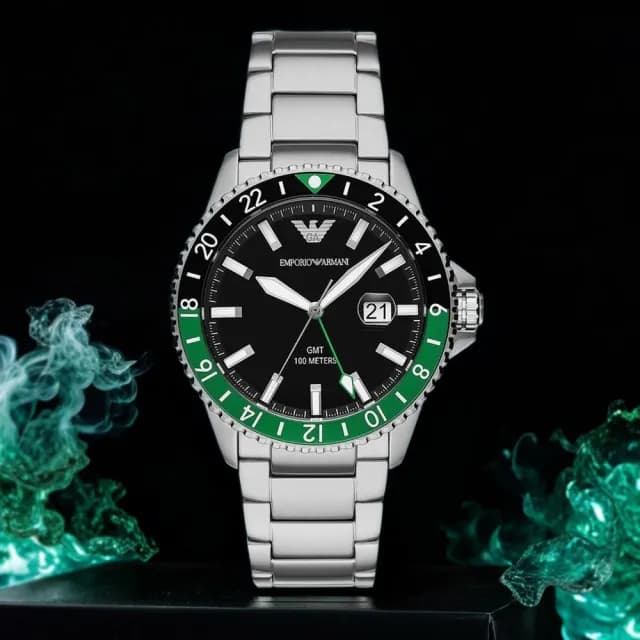 【EMPORIO ARMANI】亞曼尼 Diver 黑綠撞色GMT手錶-42mm 禮物 送禮 推薦(AR11589)