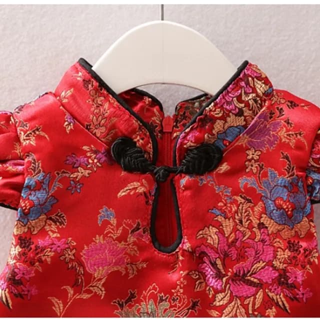 【橘魔法】彩色牡丹旗袍小包袖中國結拼接紗裙洋裝(連衣裙 旗袍 童裝 過年 喜宴 週歲 新年裝 女童 拜年服)