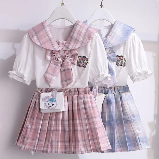 【小衣衫童裝】中大女童夏季格子JK制服學苑風套裝(1130317)