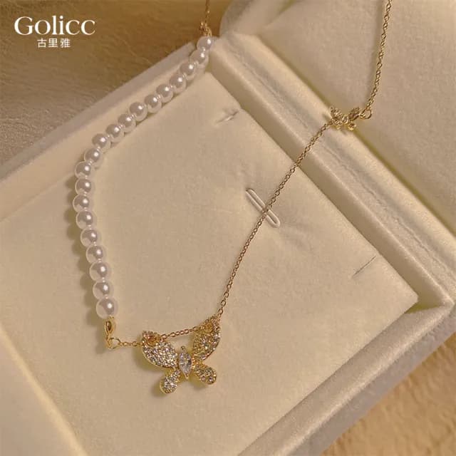 【Gulicc】項鍊 輕奢 珍珠蝴蝶 鑲鑽氣質 鎖骨鍊(雙11 聖誕節 生日 鎖骨鍊 項鍊 飾品 禮物)