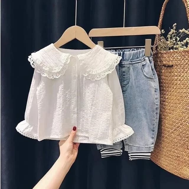 【橘魔法】氣質蕾絲領長袖襯衫(薄長袖 荷葉袖 長袖上衣 白色襯衫 女童 兒童 童裝)