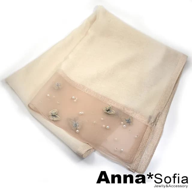 【AnnaSofia】真絲羊毛混紡大尺寸披肩絲巾圍巾-立體蝶飛手工釘珠 現貨(杏系)