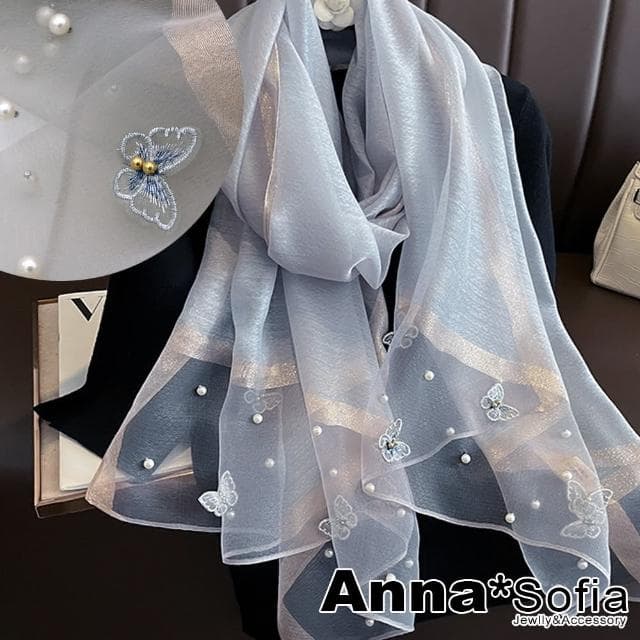 【AnnaSofia】真絲羊毛混紡大尺寸披肩絲巾圍巾-立體蝶飛手工釘珠 現貨(灰系)