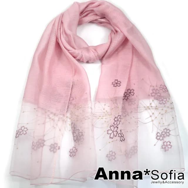 【AnnaSofia】真絲羊毛混紡大尺寸披肩絲巾圍巾-櫻花繡閃絲 現貨(粉系)