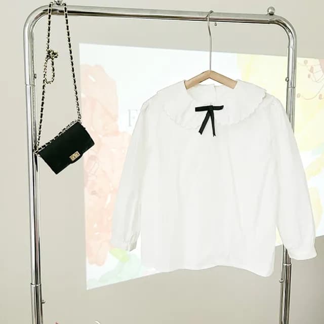 【橘魔法】翻領雲朵花邊黑蝴蝶結長袖襯衫(薄長袖 大童 長袖上衣 學生 制服 中童 女童 童裝)