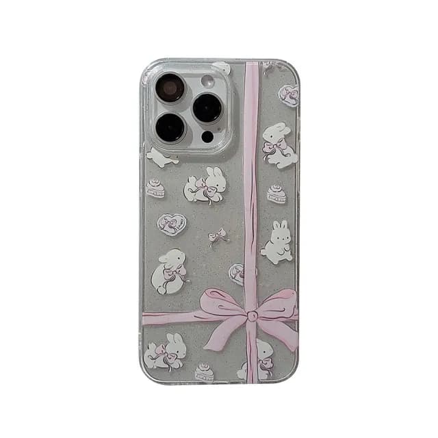 【LOYALTY】iPhone15Pro/15ProMax禮物蝴蝶結可愛兔兔串珠掛繩手機保護殼(附贈花朵串珠手機掛飾)
