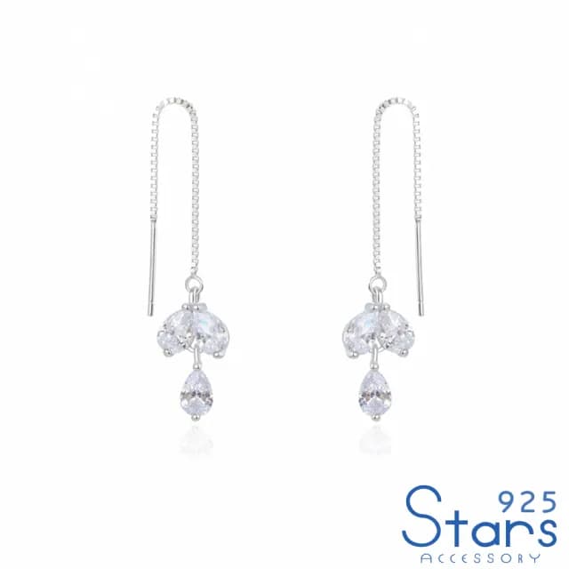 【925 STARS】純銀925閃耀水滴鋯石花朵意象長墜耳線造型耳環(純銀925耳環 鋯石耳環 花朵耳環)