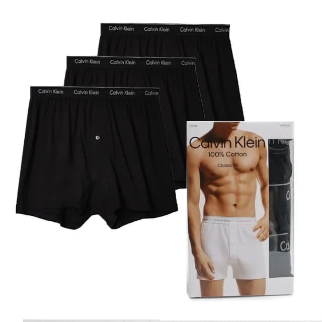 【Calvin Klein 凱文克萊】CK 男內褲 純棉經典針織 內褲 四角內褲 前開式鈕扣 四角褲 黑色(3件組)