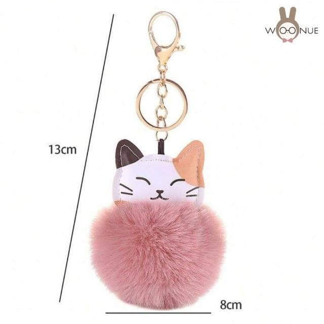 【WOONUE】1入高品質貓咪皮革絨毛球金桃花動物皮包背包鑰匙圈掛飾(兒童情人節朋友愛貓婚禮小物生日禮物)