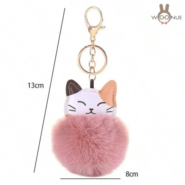 【WOONUE】1入高品質貓咪皮革絨毛球金桃花動物皮包背包鑰匙圈掛飾(兒童情人節朋友愛貓婚禮小物生日禮物)