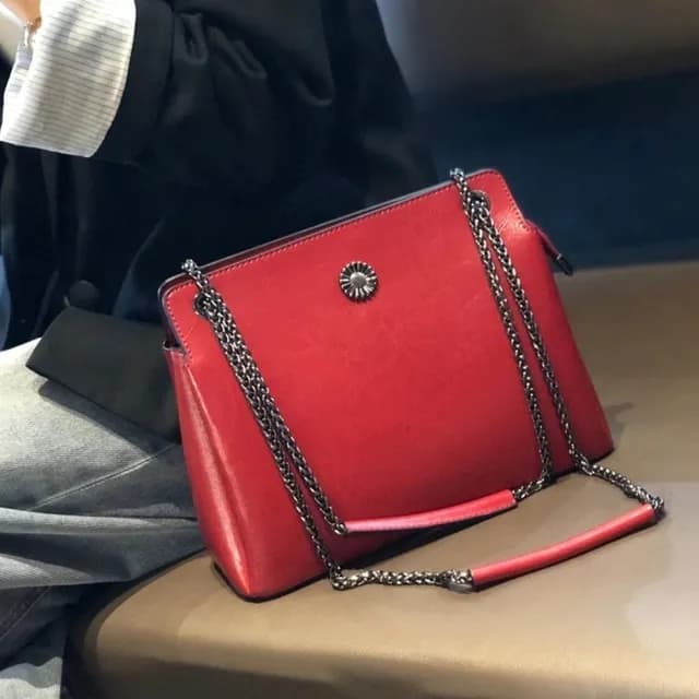 【米蘭精品】情人節禮物 真牛皮側背包真皮革單肩背包托特包手提包隨身女包包(牛皮鍊條斜背復古6色74hp27)