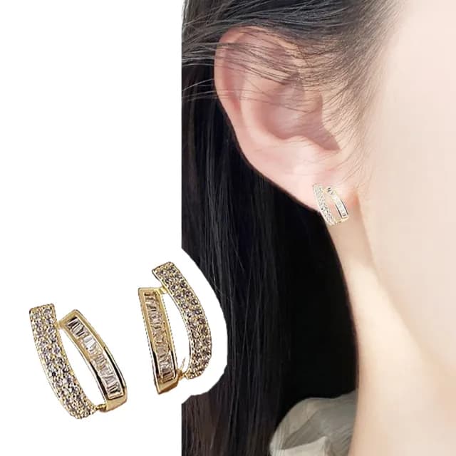 【百搭單品】韓系氣質S925鑲鑽雙層耳環(耳針 耳扣  耳飾 耳墜 耳垂 耳釘 配件 穿搭 小物 飾品)