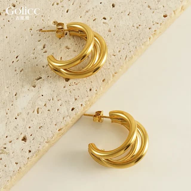 【Golicc】耳環 金色多層次 幾何圓(七夕 情人節 生日 飾品 耳釘 耳飾 耳墜 禮物)