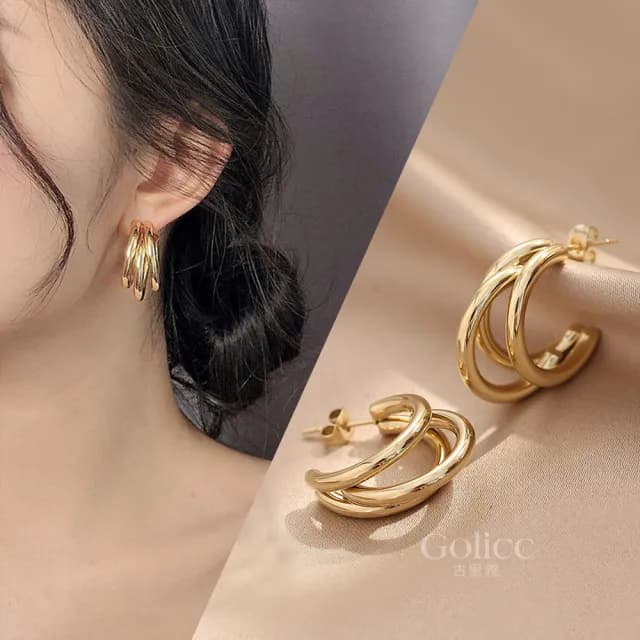 【Golicc】耳環 金色多層次 幾何圓(七夕 情人節 生日 飾品 耳釘 耳飾 耳墜 禮物)
