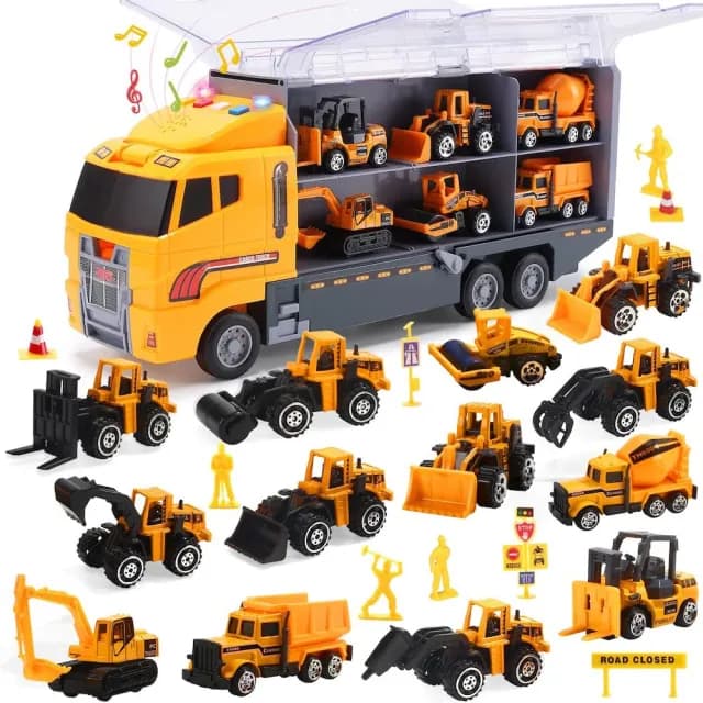 【CuteStone】兒童工程小汽車與聲光運輸車海鷗號套裝玩具25件組(玩具車 生日玩具 兒童益智玩具)