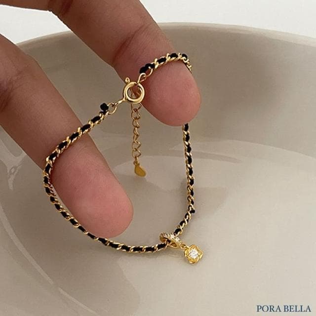 【Porabella】S925純銀山茶花手鍊 黑色細編織手鍊 個性風格 鋯石手鍊 情人節禮物 銀飾 Bracelets