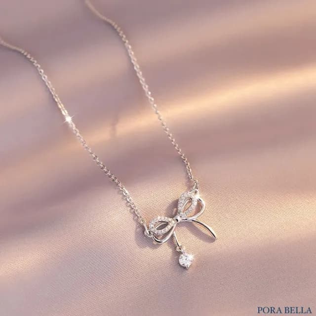 【Porabella】925純銀蝴蝶結流蘇項鍊 蝶夢系鎖骨鏈 鑲鑽項鍊 鋯石項鍊 生日禮物 送女友 Necklace