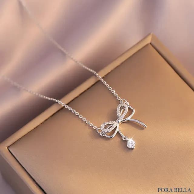 【Porabella】925純銀蝴蝶結流蘇項鍊 蝶夢系鎖骨鏈 鑲鑽項鍊 鋯石項鍊 生日禮物 送女友 Necklace