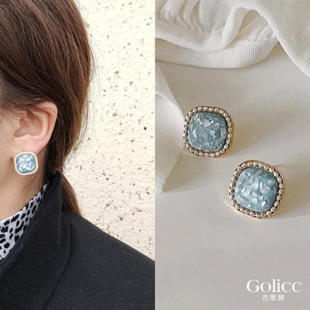 【Golicc】耳環 復古淡藍琥珀 貝殼碎片(母親節 生日 情人節 飾品 耳釘 耳飾 耳墜 禮物)