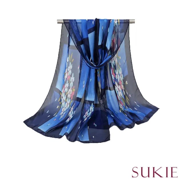 【Sukie】雪紡紗圍巾 撞色圍巾/幾何撞色窗框花朵印花50X150雪紡紗圍巾(4色任選)