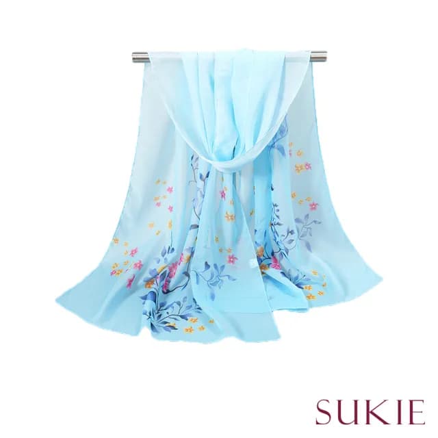 【Sukie】雪紡紗圍巾 花朵圍巾/淡雅花朵印花50X150雪紡紗圍巾(4色任選)