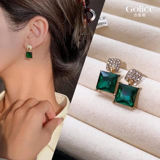 【Golicc】耳環 方形祖母綠 簡約鑲鑽(母親節 生日 情人節 飾品 耳釘 耳飾 耳墜 禮物)