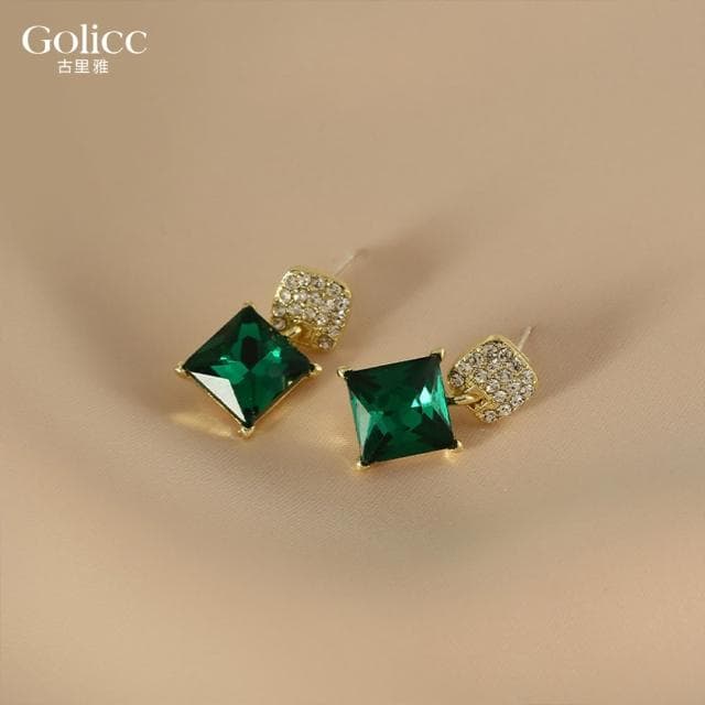 【Golicc】耳環 方形祖母綠 簡約鑲鑽(母親節 生日 情人節 飾品 耳釘 耳飾 耳墜 禮物)