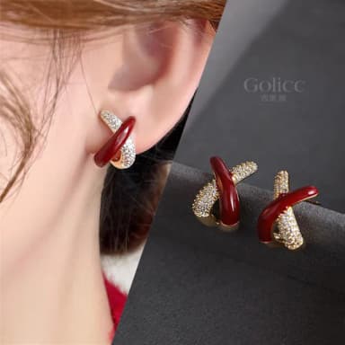 【Golicc】耳環 紅色 輕奢鋯石(七夕 情人節 生日 飾品 耳釘 耳飾 耳墜 禮物)