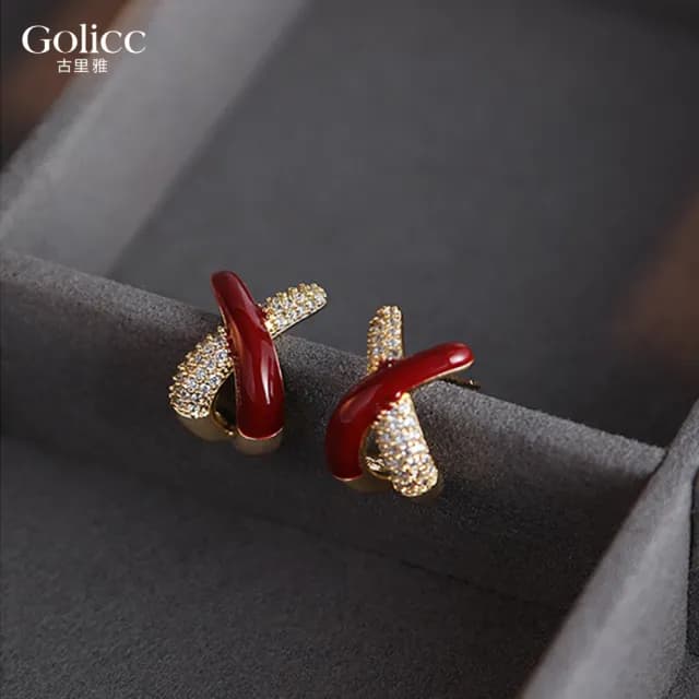【Golicc】耳環 紅色 輕奢鋯石(七夕 情人節 生日 飾品 耳釘 耳飾 耳墜 禮物)