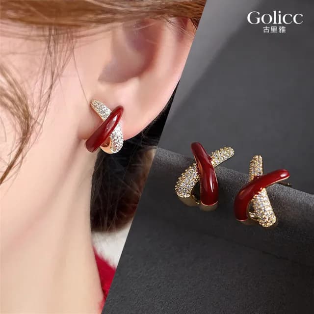 【Golicc】耳環 紅色 輕奢鋯石(七夕 情人節 生日 飾品 耳釘 耳飾 耳墜 禮物)