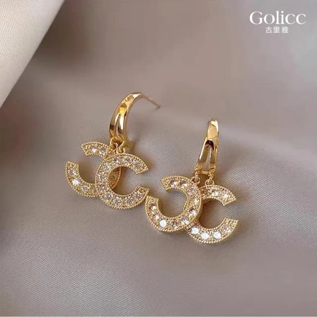 【Golicc】耳環 動人雙C 精緻鋯石(雙11 聖誕節 生日 飾品 耳釘 耳飾 耳墜 禮物)
